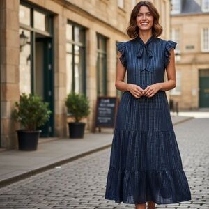 Marie‎ Oliver Kylee Dress, Ocean ruffle  silk blend Size S maxi solid blue tie